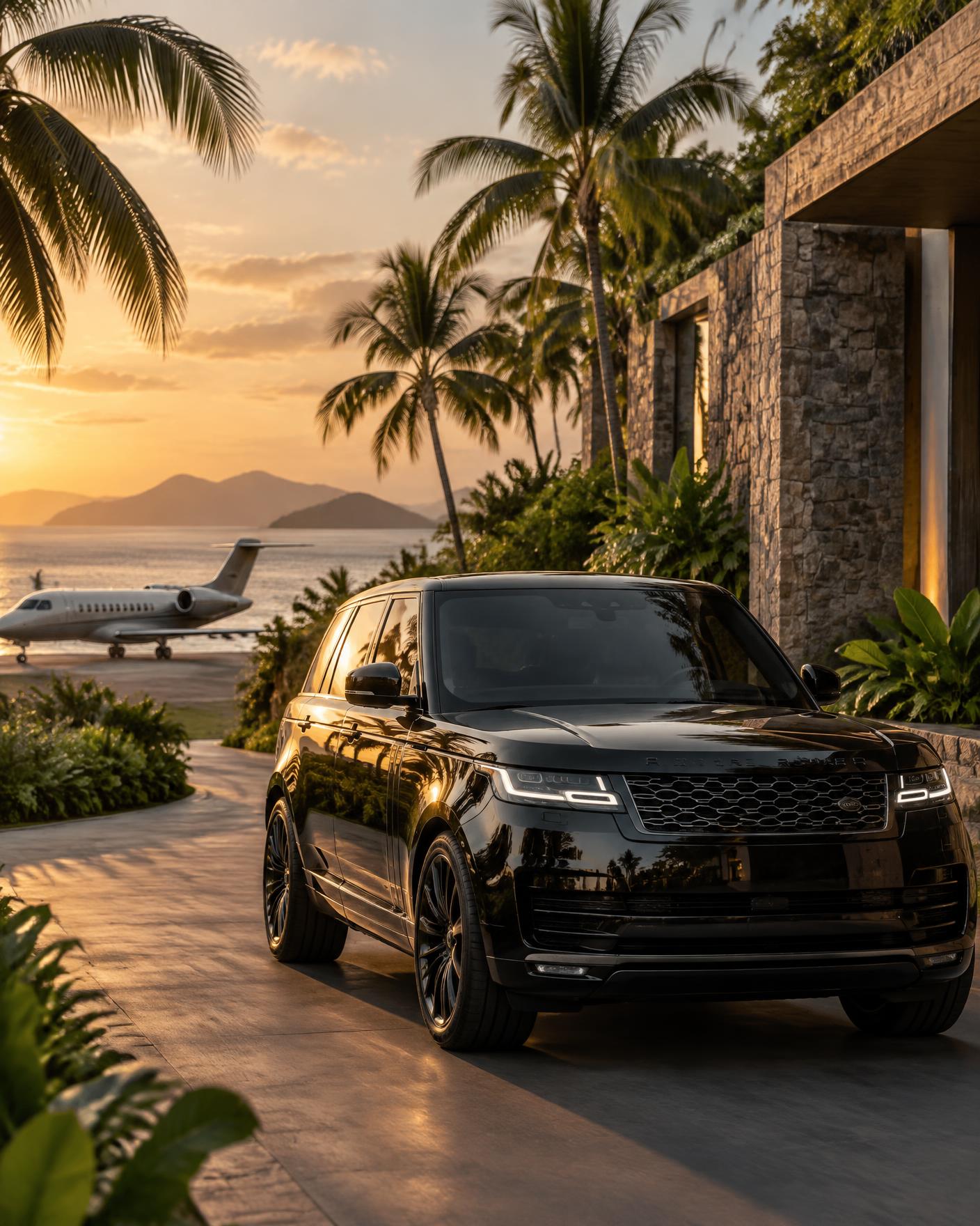 Luxury car beside tropical architecture in Koh Samui